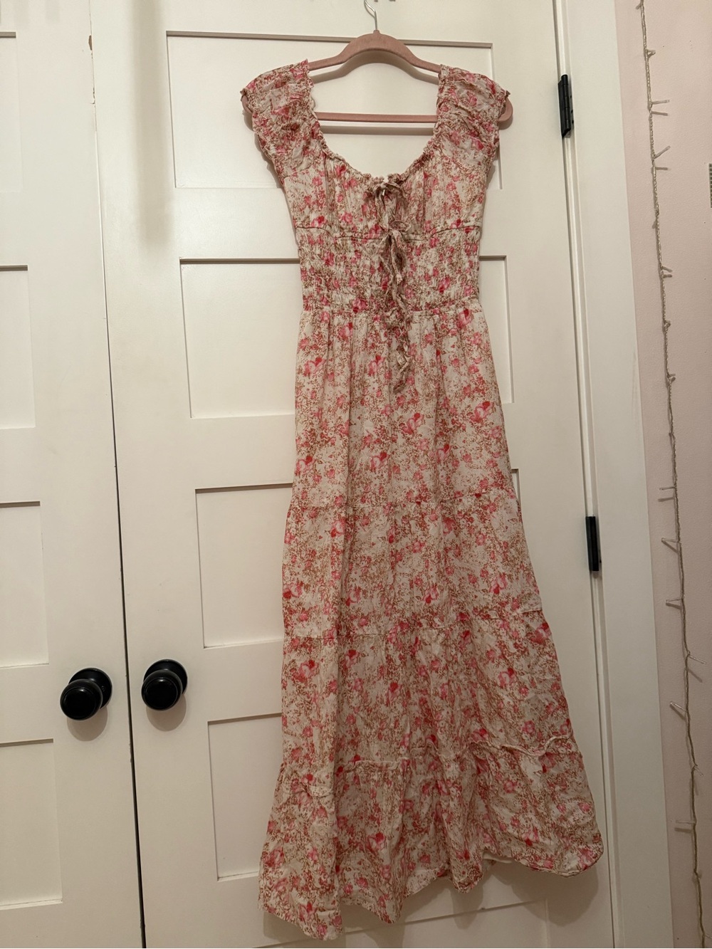Smocked Floral Maxi Dress in Cream and Pink